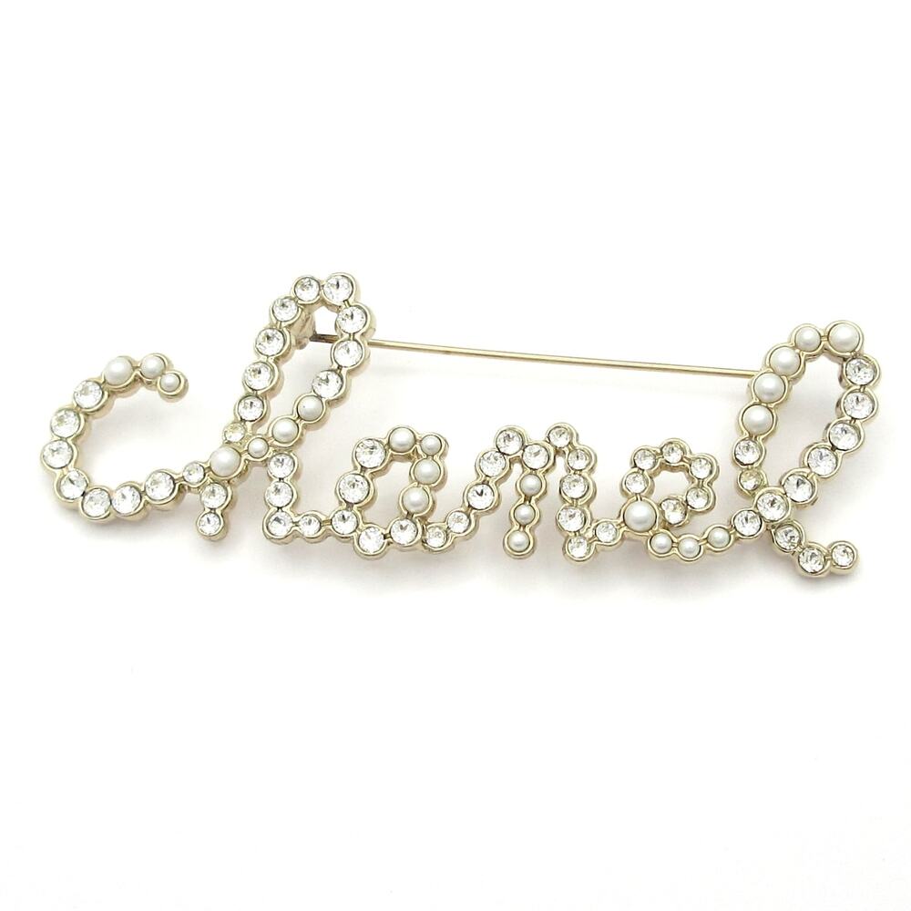 Chanel Brooch Gold Clear Pearl White Hardware Rhinestones Pearl